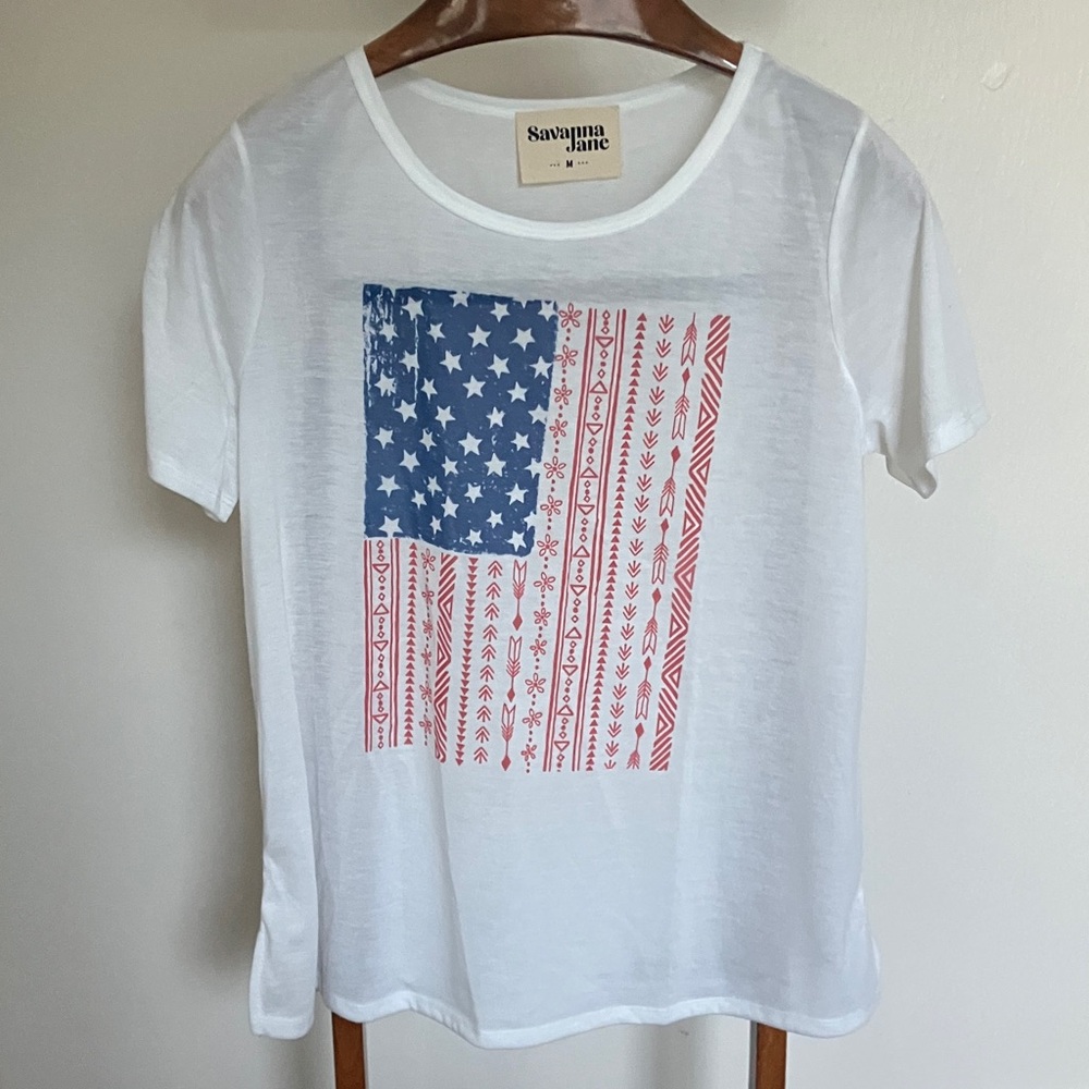 Savanna Jane Patriotic White Tee with Red and Blue Design